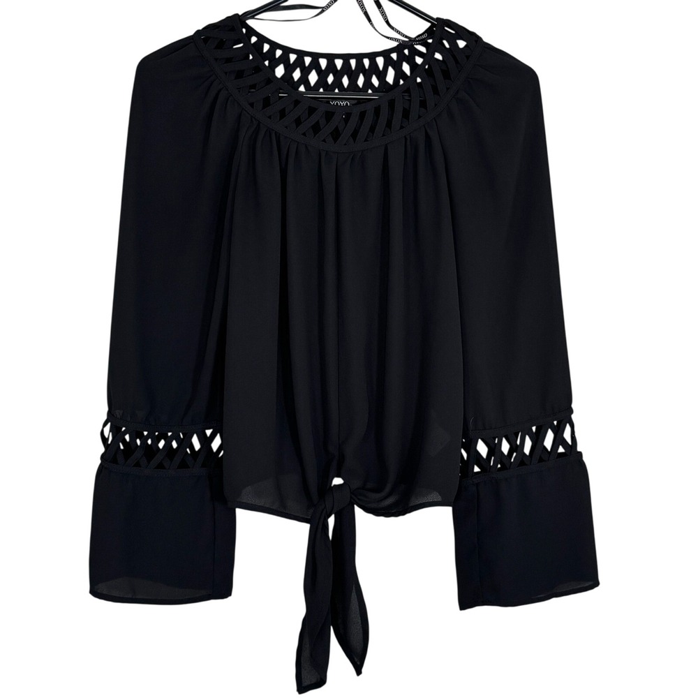 XOXO Black Lattice Cut Out Crochet Trim Tie Front‎ Long Sleeve Blouse Size XS